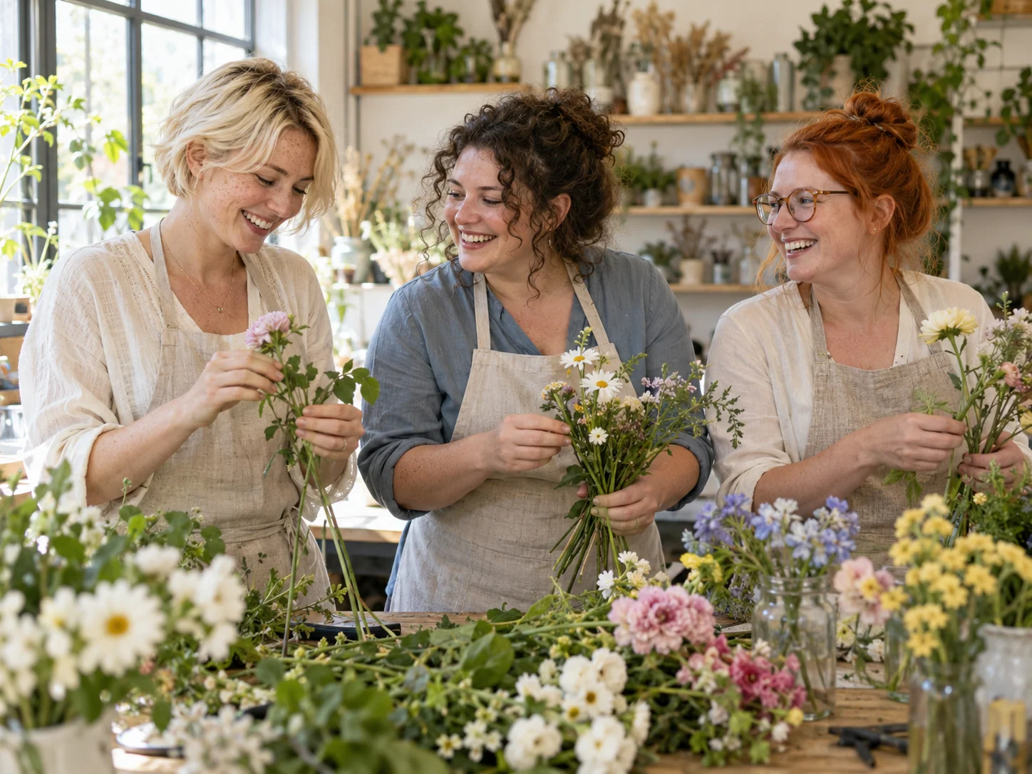 Fictional friends make small bouquets at a pre-wedding flower workshop.