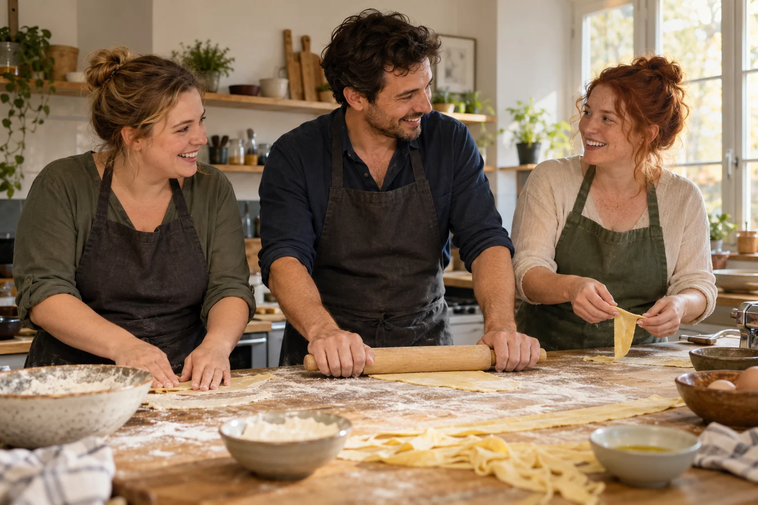 Fictional friends make fresh pasta together at a pre-wedding evening.