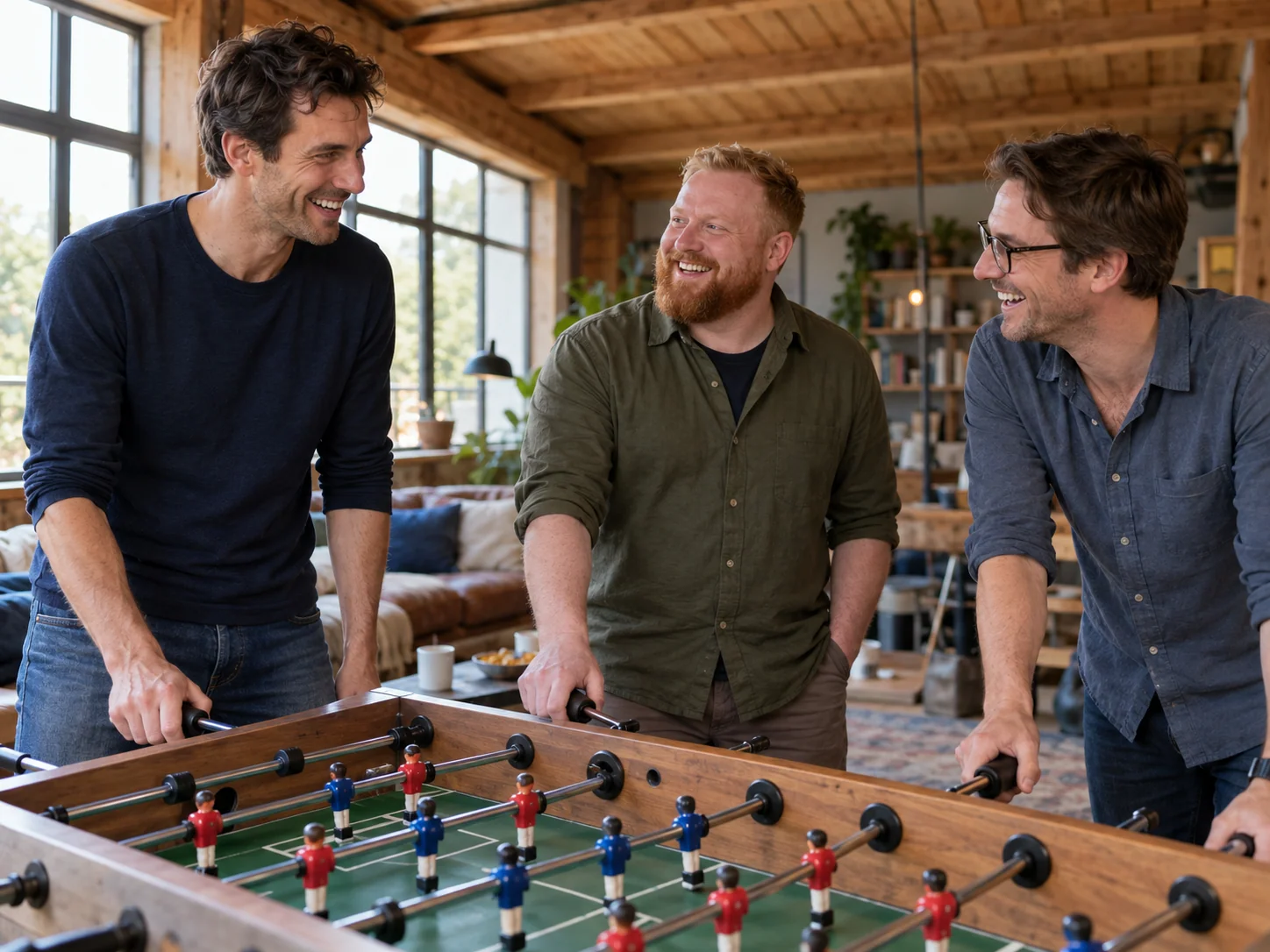 Fictional friends laugh after a table-football game at a bachelor gathering.