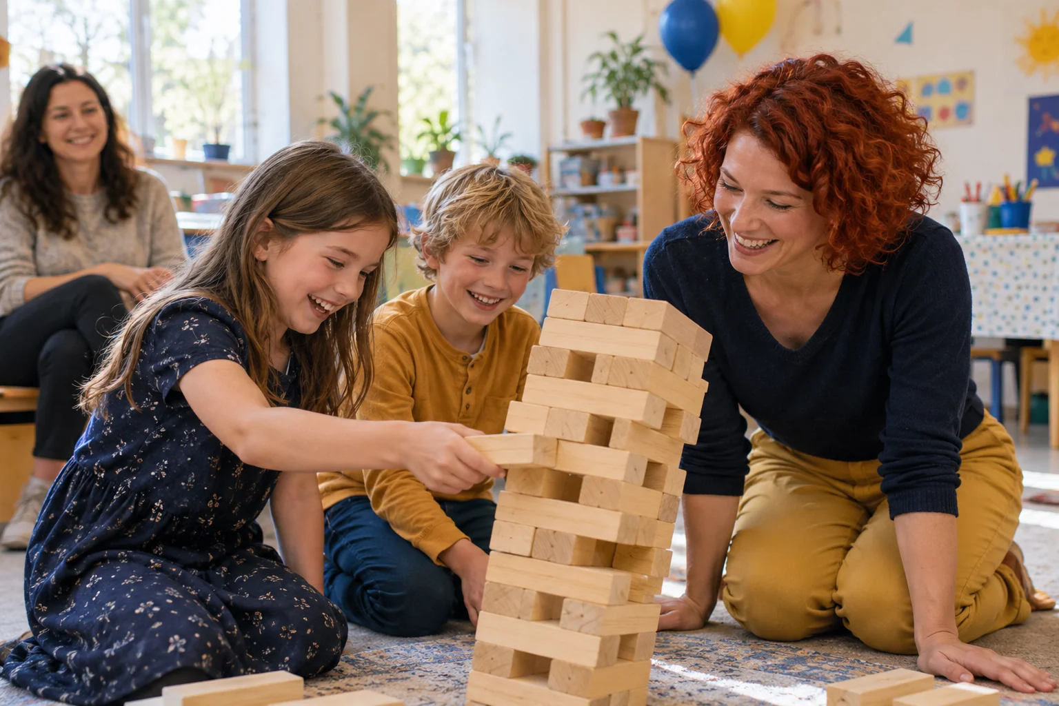 A fictional entertainer and children enjoy a large wooden block game.