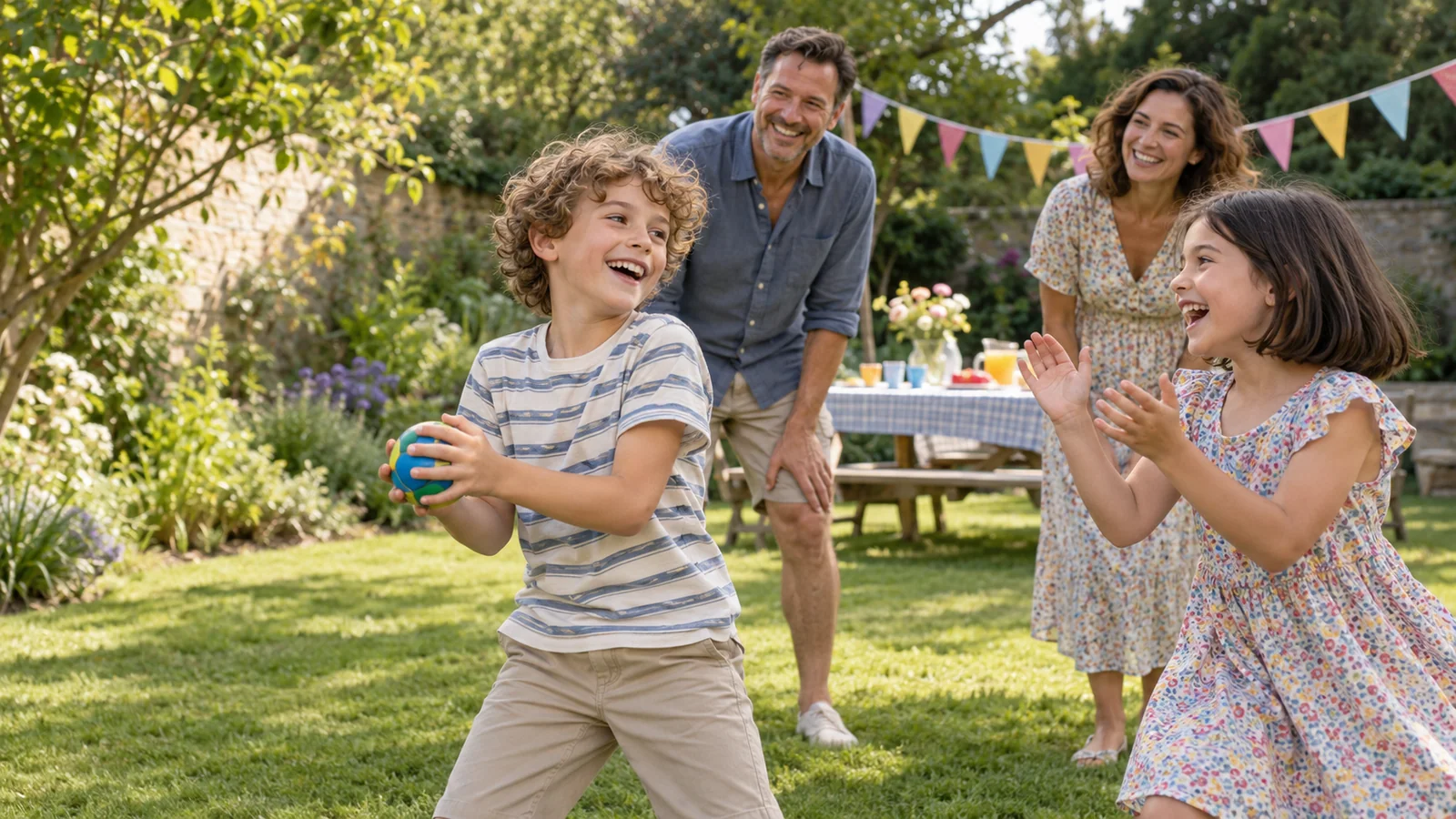 Fictional children and parents enjoy a ball game at a garden birthday.
