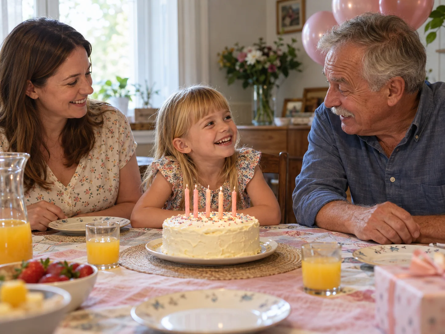 A fictional girl, mother and grandfather laugh beside a birthday cake.