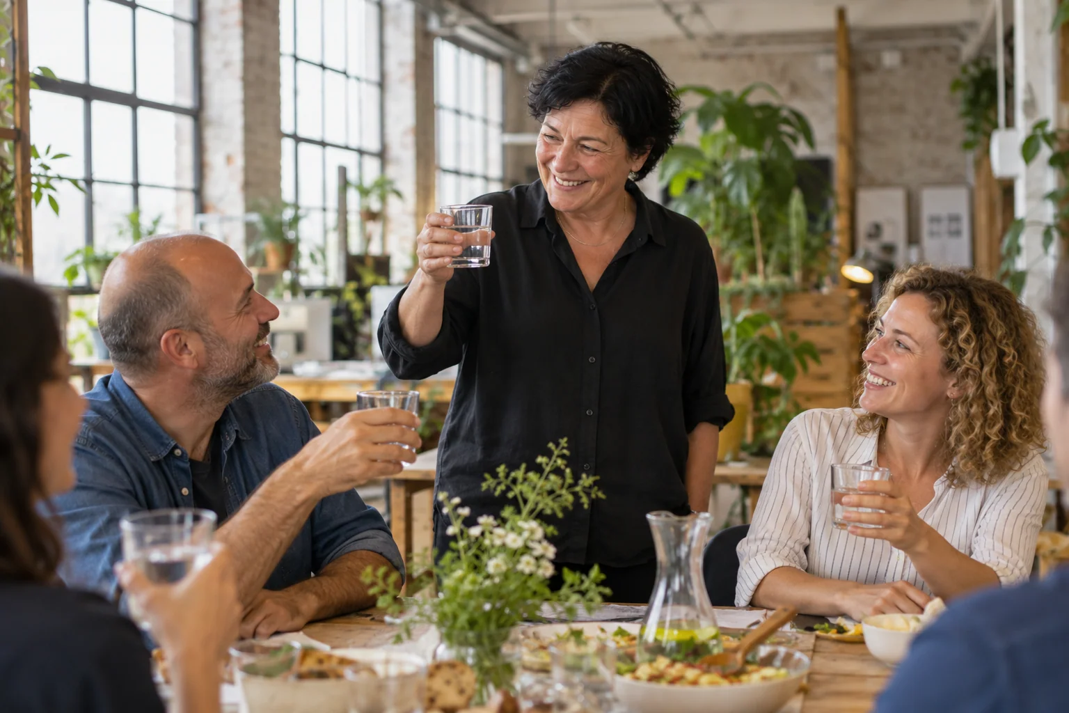 A team celebrating the completion of a project — a fictional scene
