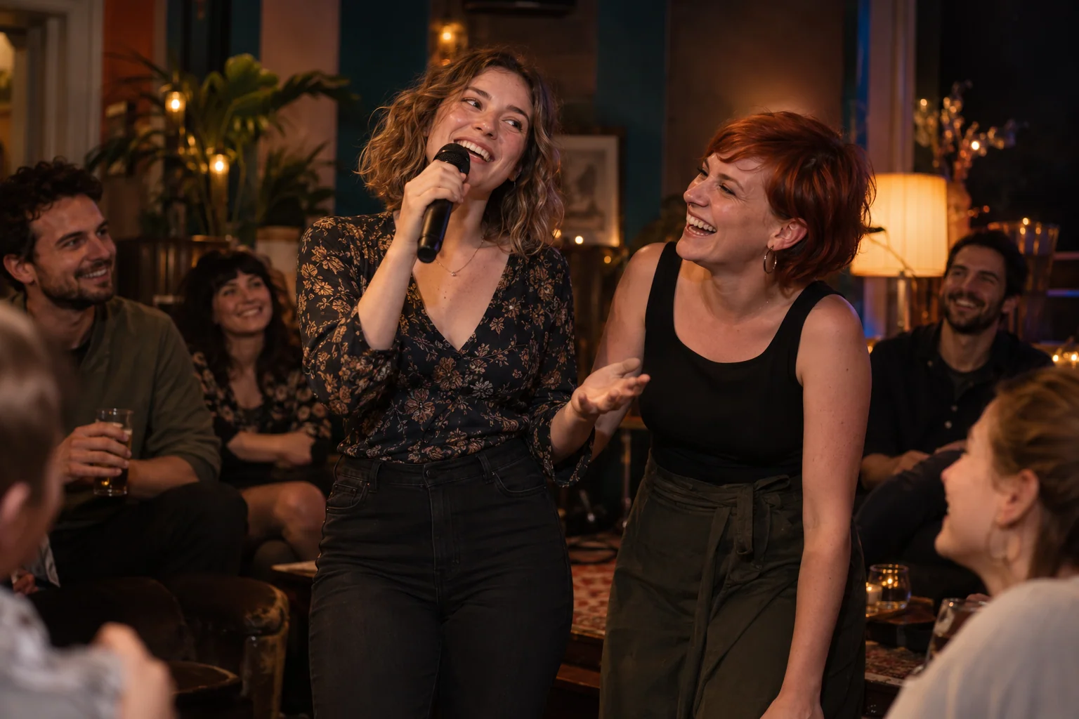 Guests singing at a karaoke evening — a fictional scene