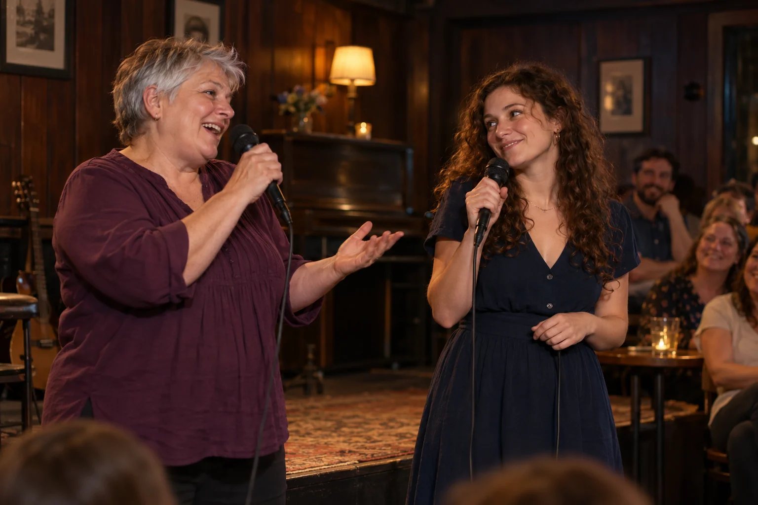 Fictional karaoke party: two friends sing a duet in an intimate music bar.