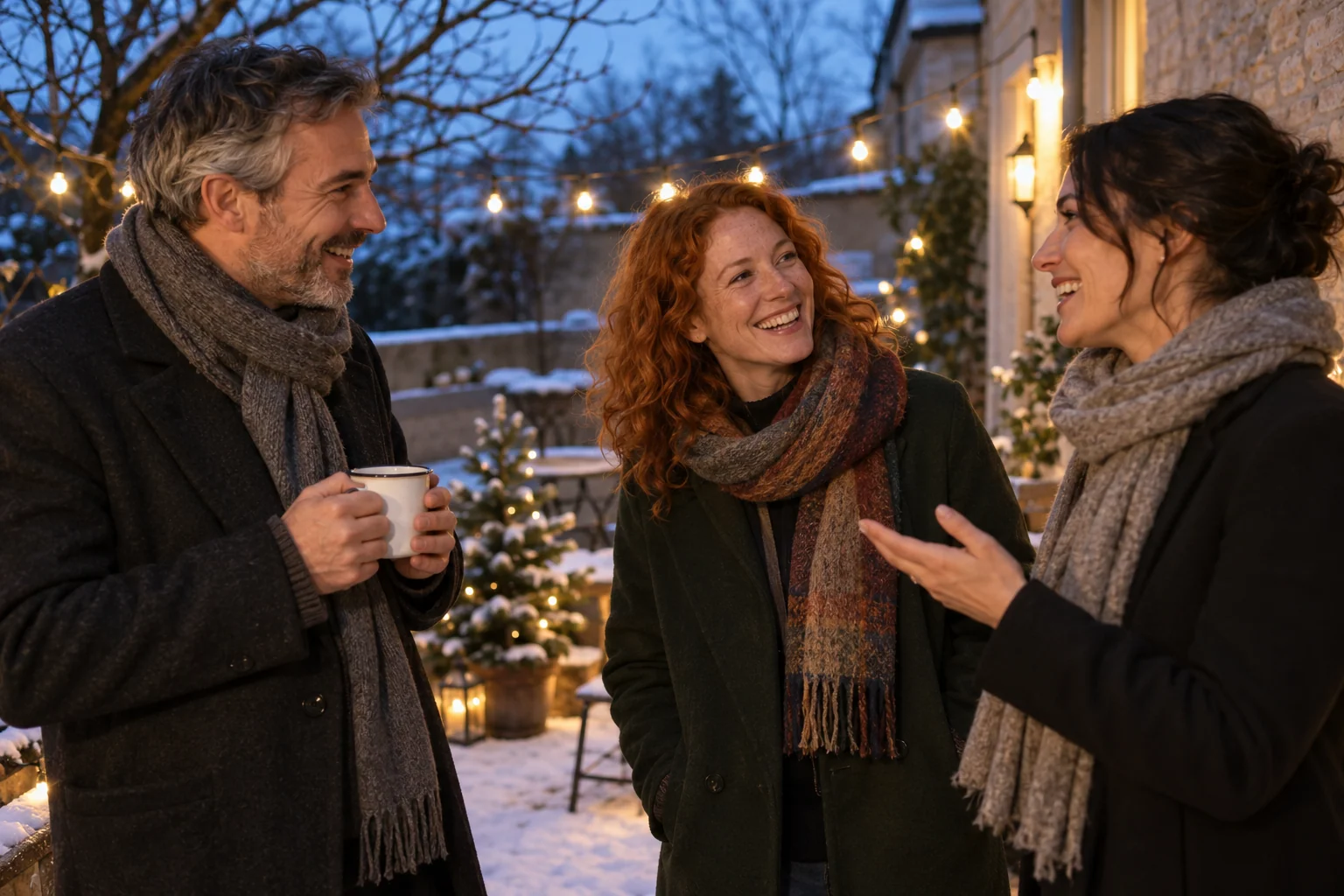 Fictional friends laugh on a winter terrace with warm drinks.