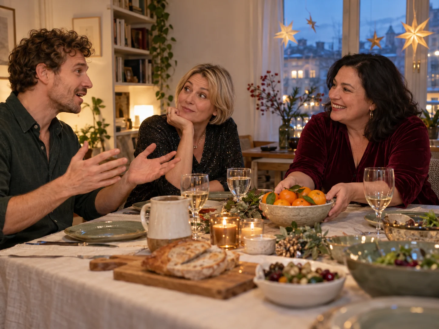 Fictional friends set the table and talk before a New Year dinner.