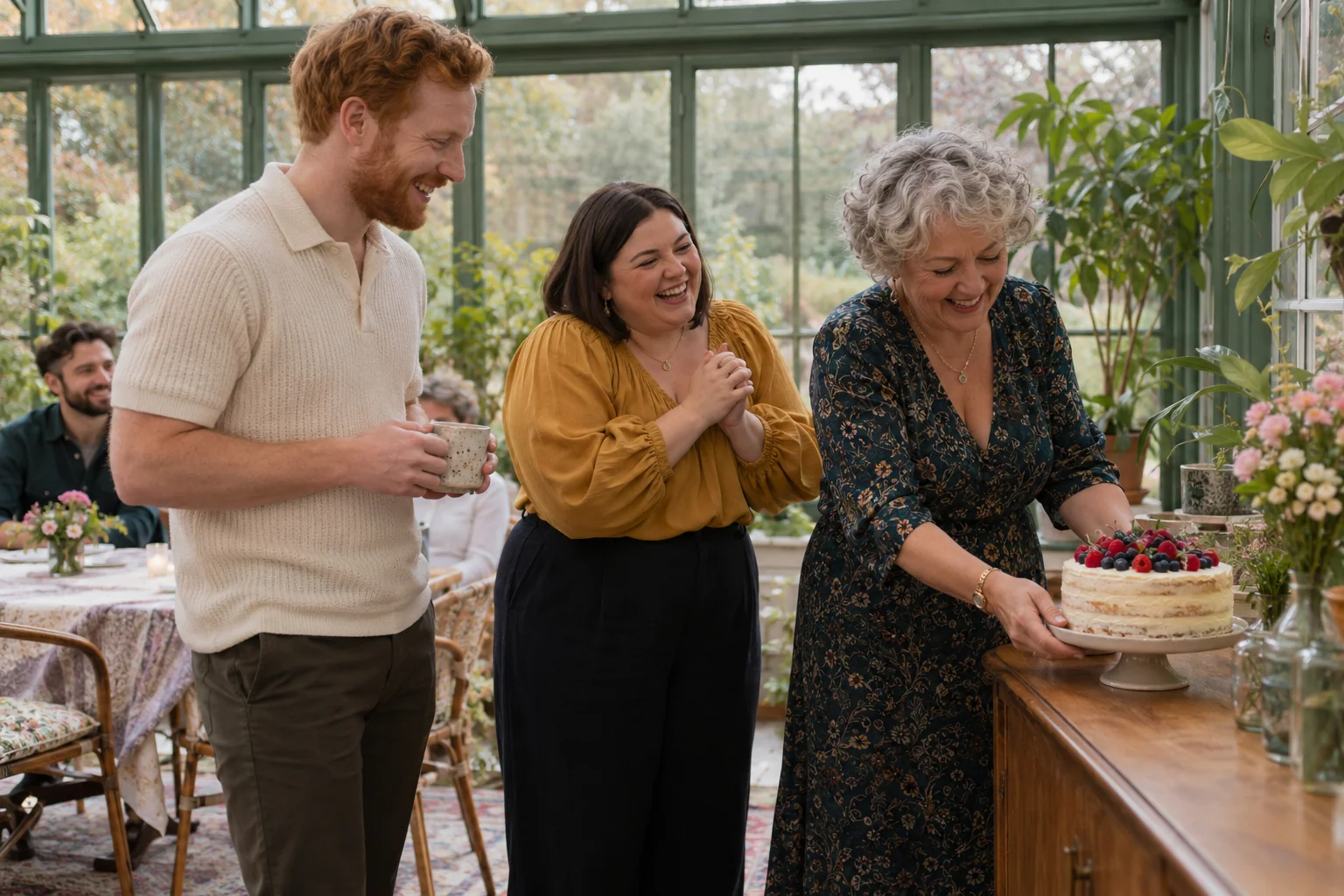 Fictional birthday in a conservatory: friends laughing beside a celebration cake.