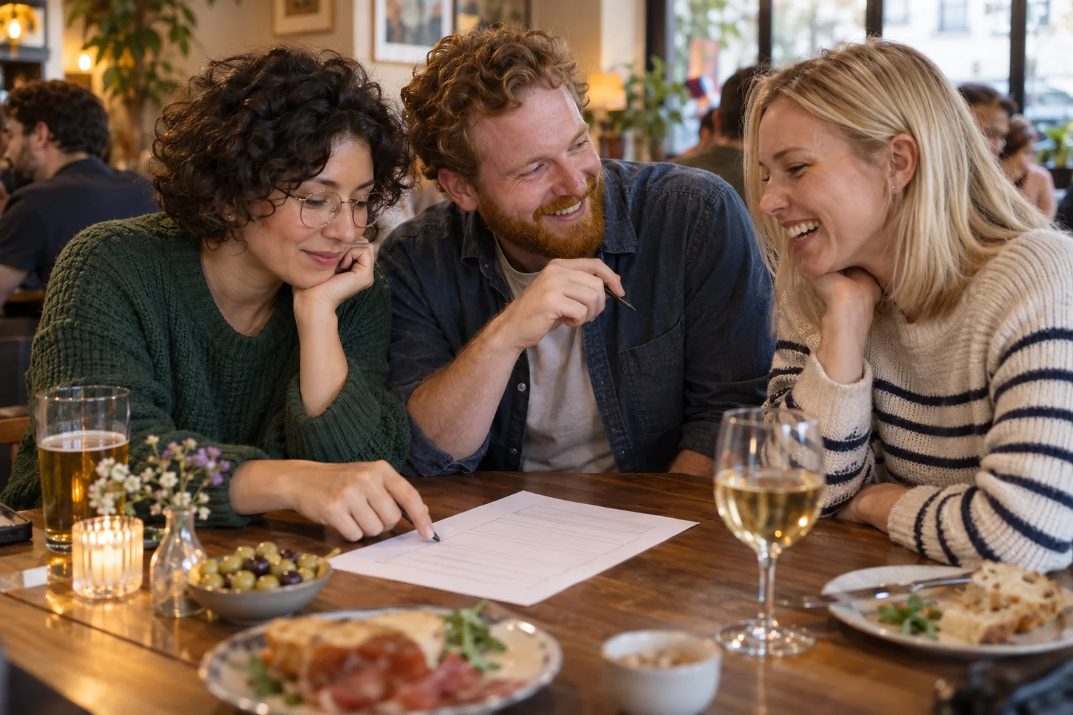 A team discussing a quiz answer — a fictional scene