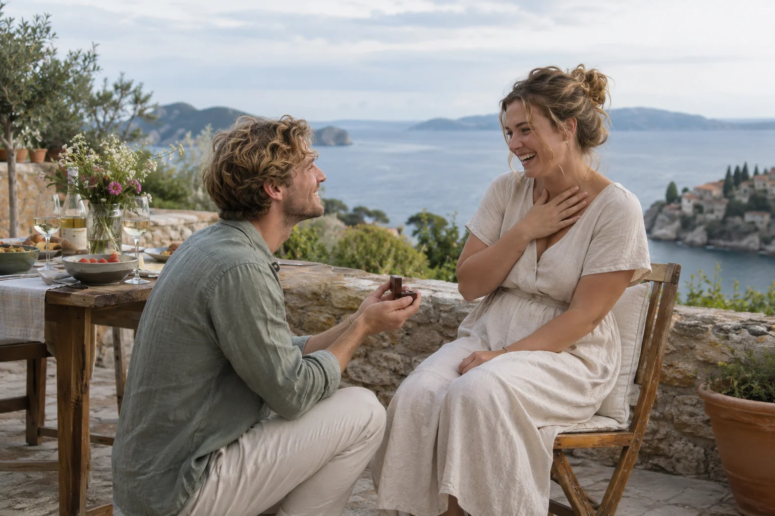 A proposal on a seaside terrace — a fictional scene
