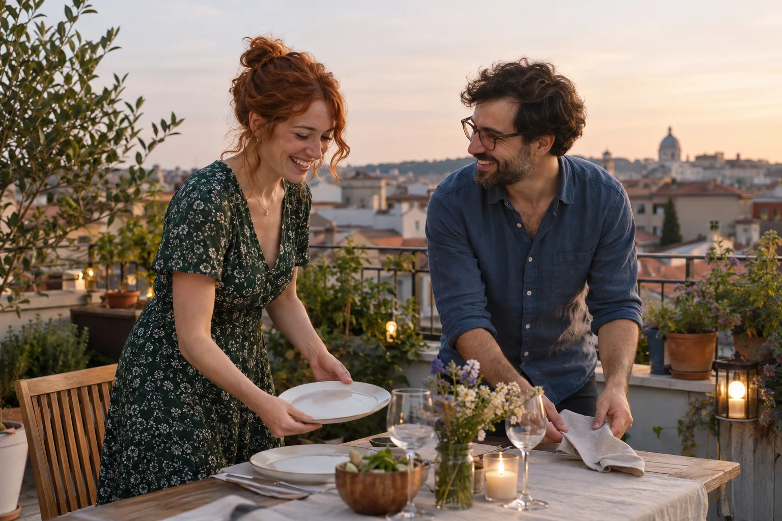 A couple preparing a table for an intimate evening — a fictional scene