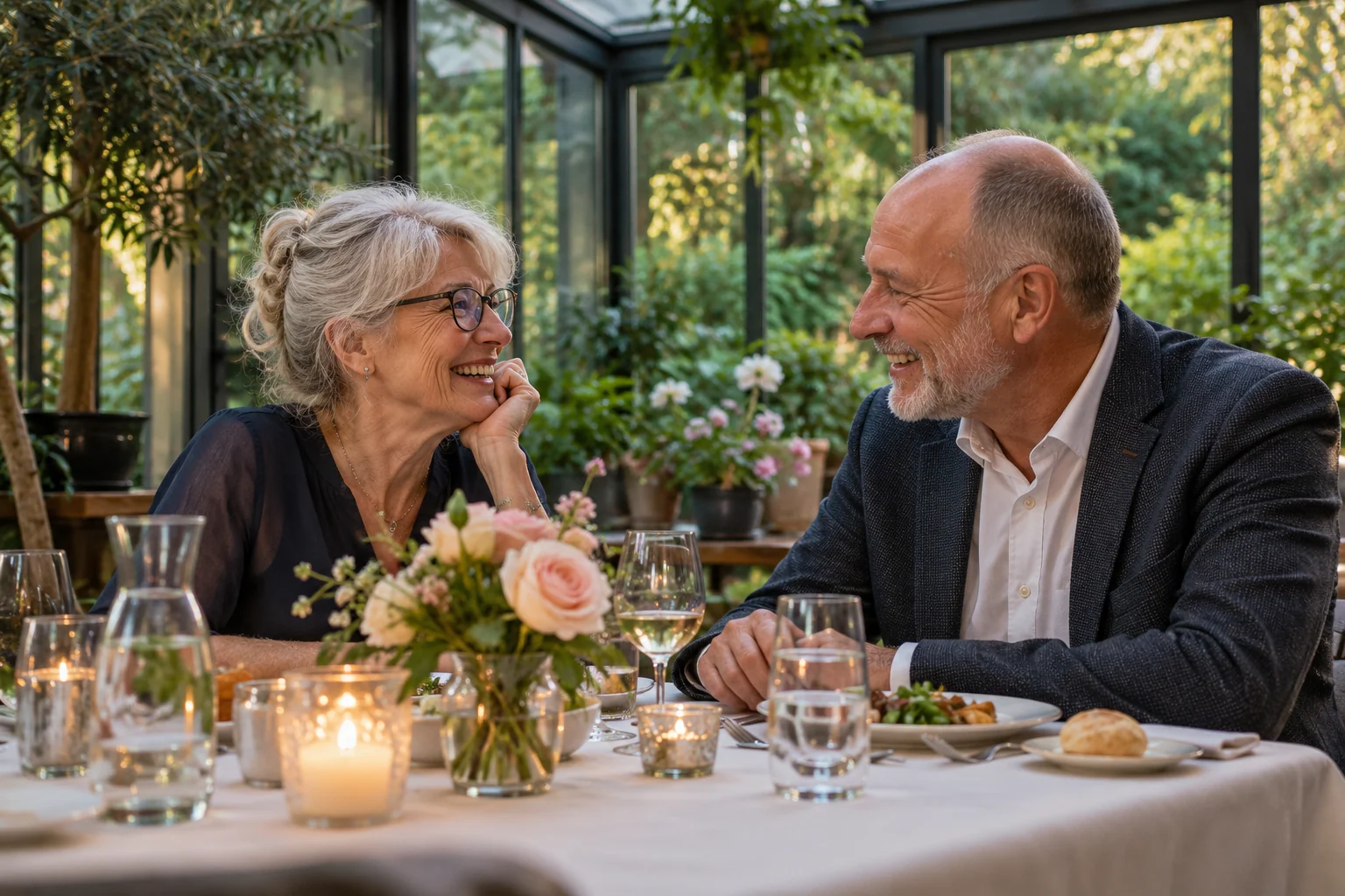 A couple sharing an anniversary dinner in a conservatory — a fictional scene
