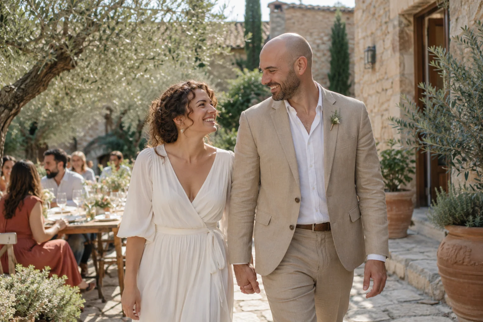 A couple walking after their engagement — a fictional scene
