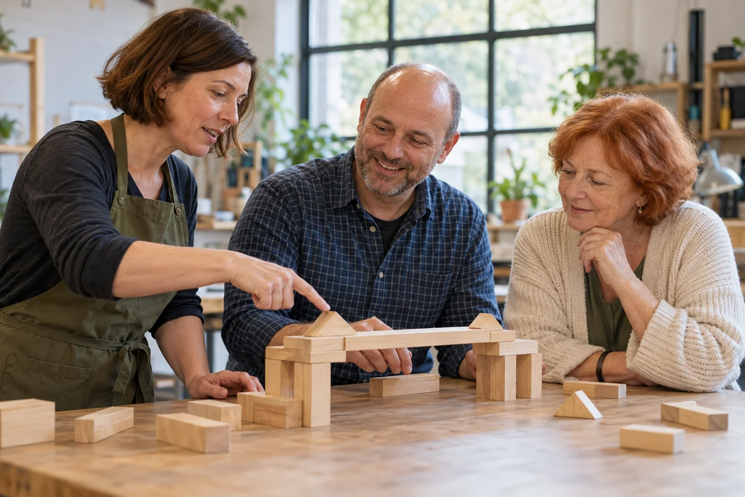 Fictional team activity: colleagues building a structure from wooden blocks.