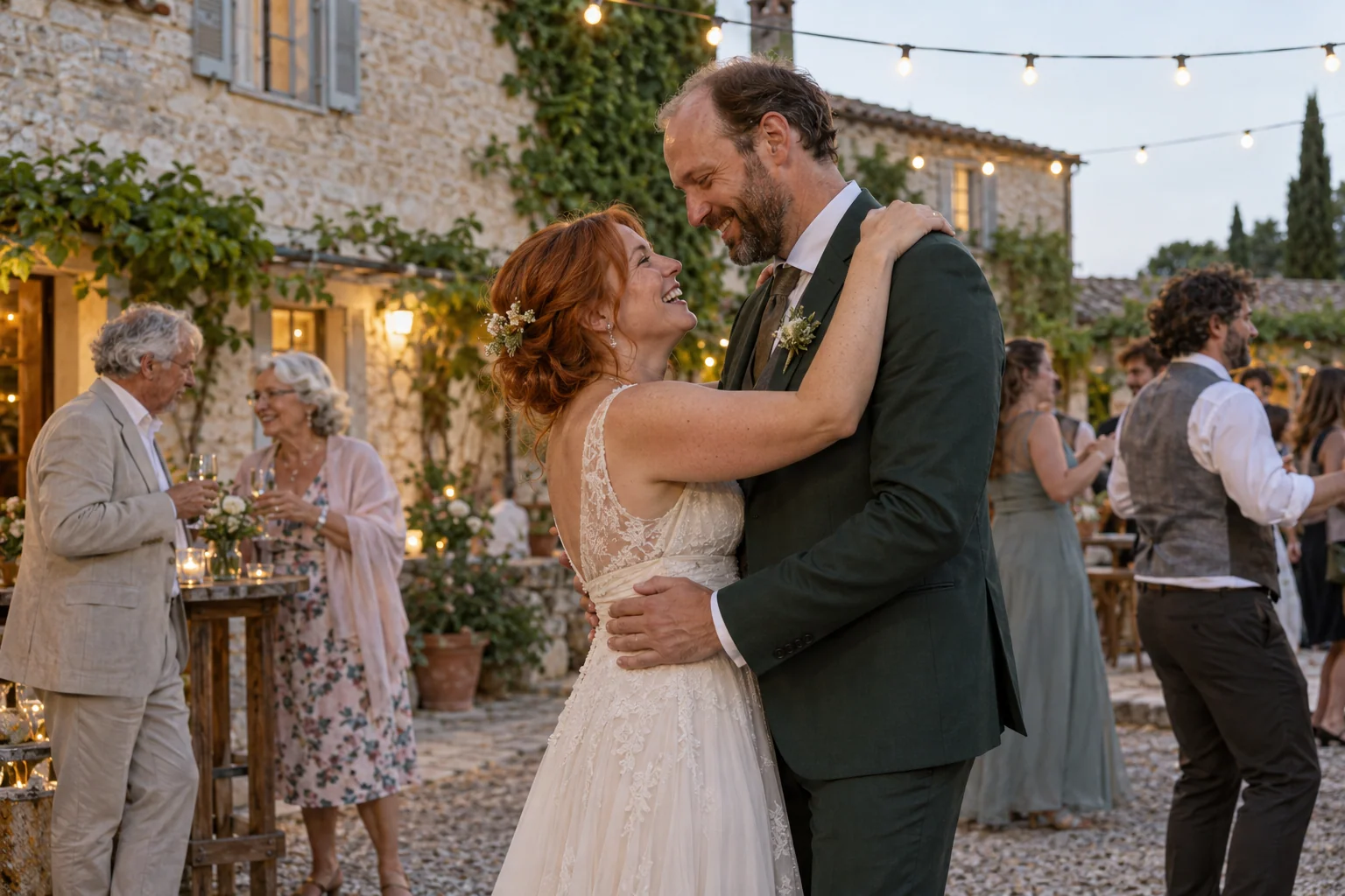 Newlyweds dancing in a small courtyard — a fictional scene