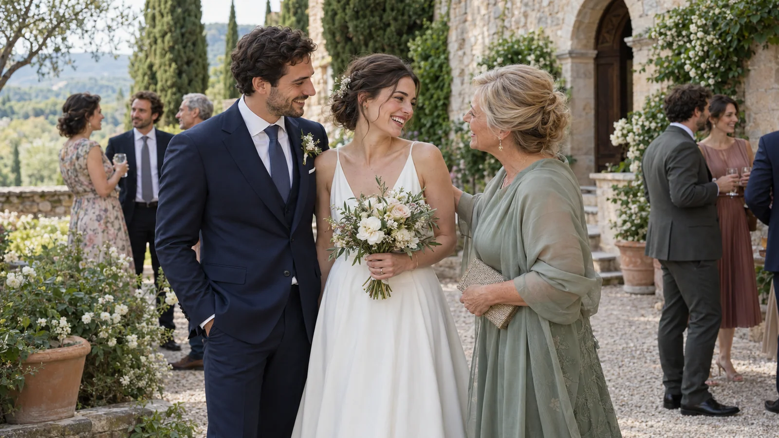 Fictional newlyweds chatting with a guest after the ceremony