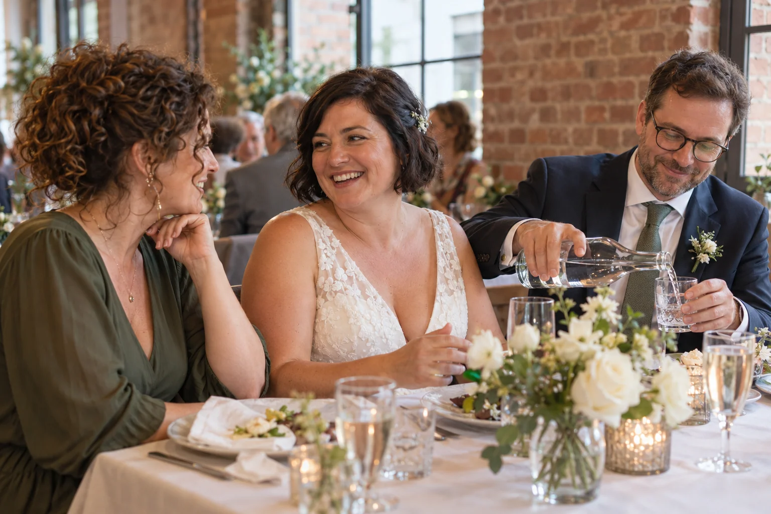 Relaxed conversation over a wedding dinner — a fictional scene