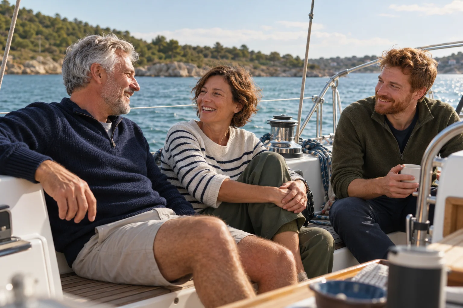 Fictional scene: three friends chatting in a sailing yacht cockpit.
